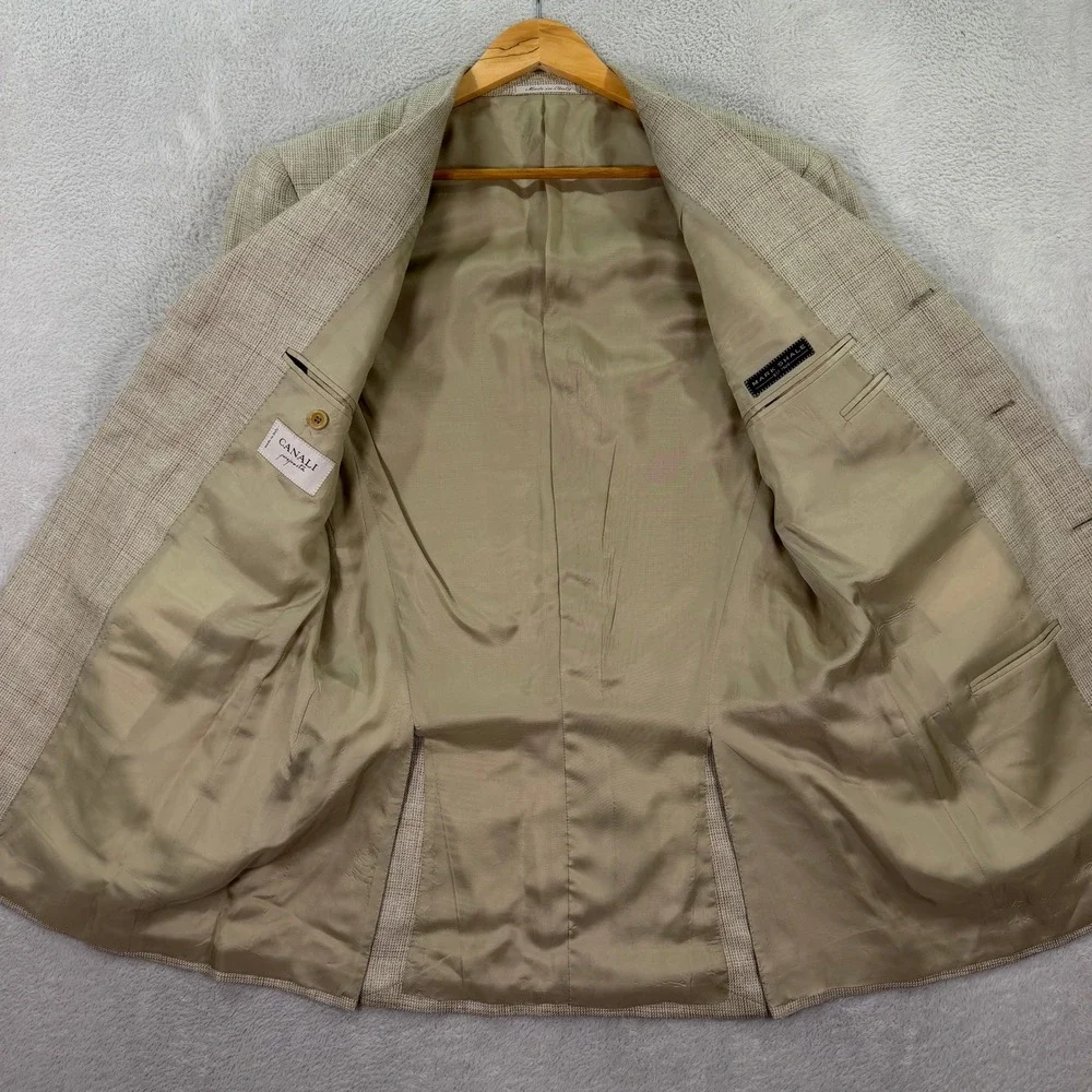 Vintage Canali Proposta Mens 38R Blazer Beige Silk Linen Wool Plaid Coat Italy
